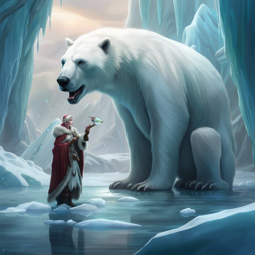 Elf feeding her giant polar bear friend