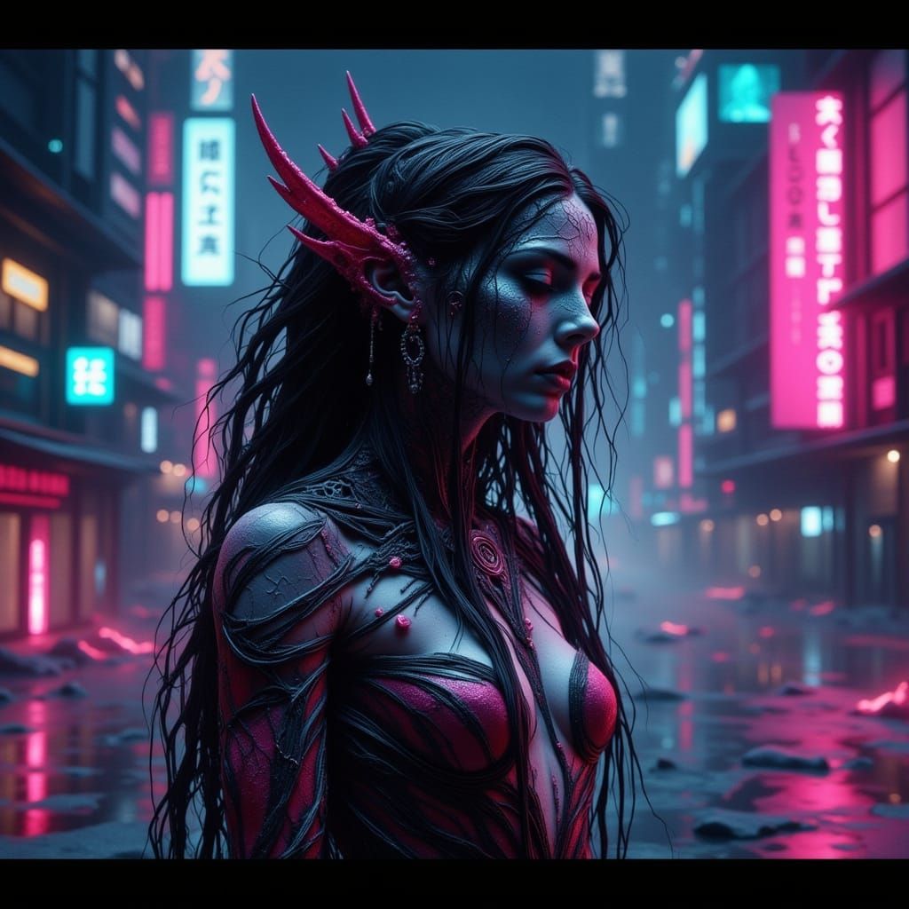 Cyberpunk Elf Queen Persephone with Double Exposure Effect