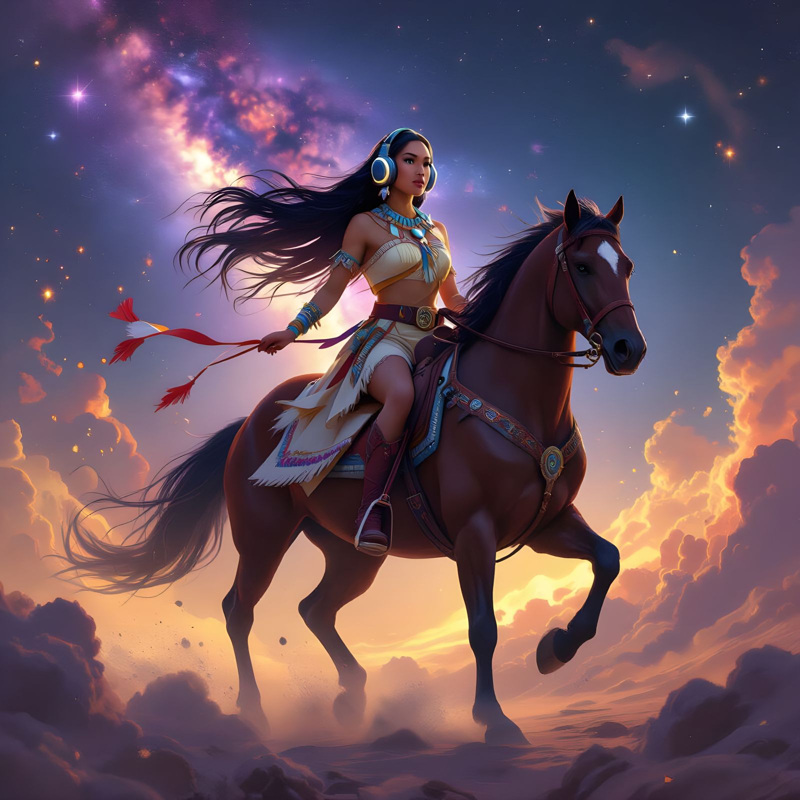 Pocahontas Rides Horse Through Milky Way in Fantasy Art Styl...