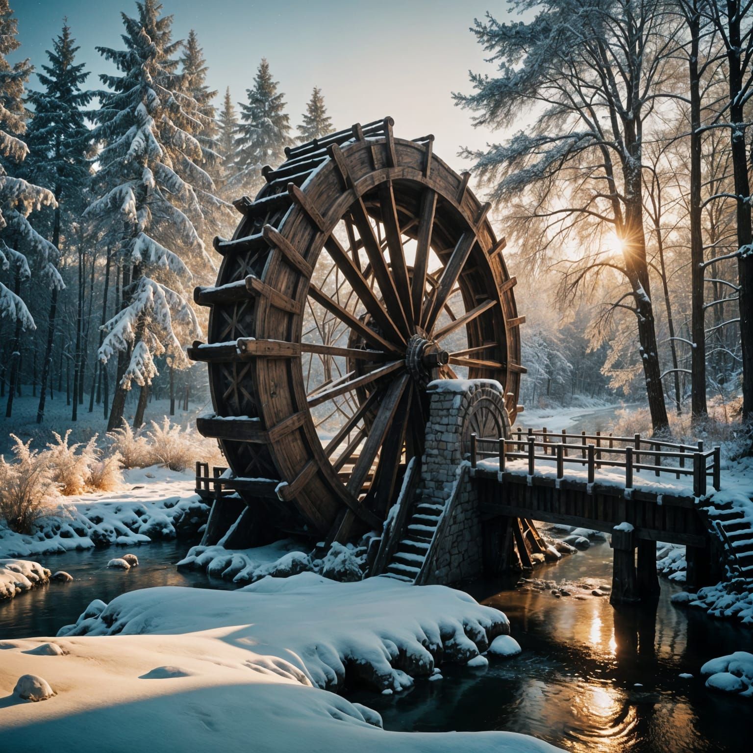 Viking-Inspired Waterwheel in Winter Wonderland
