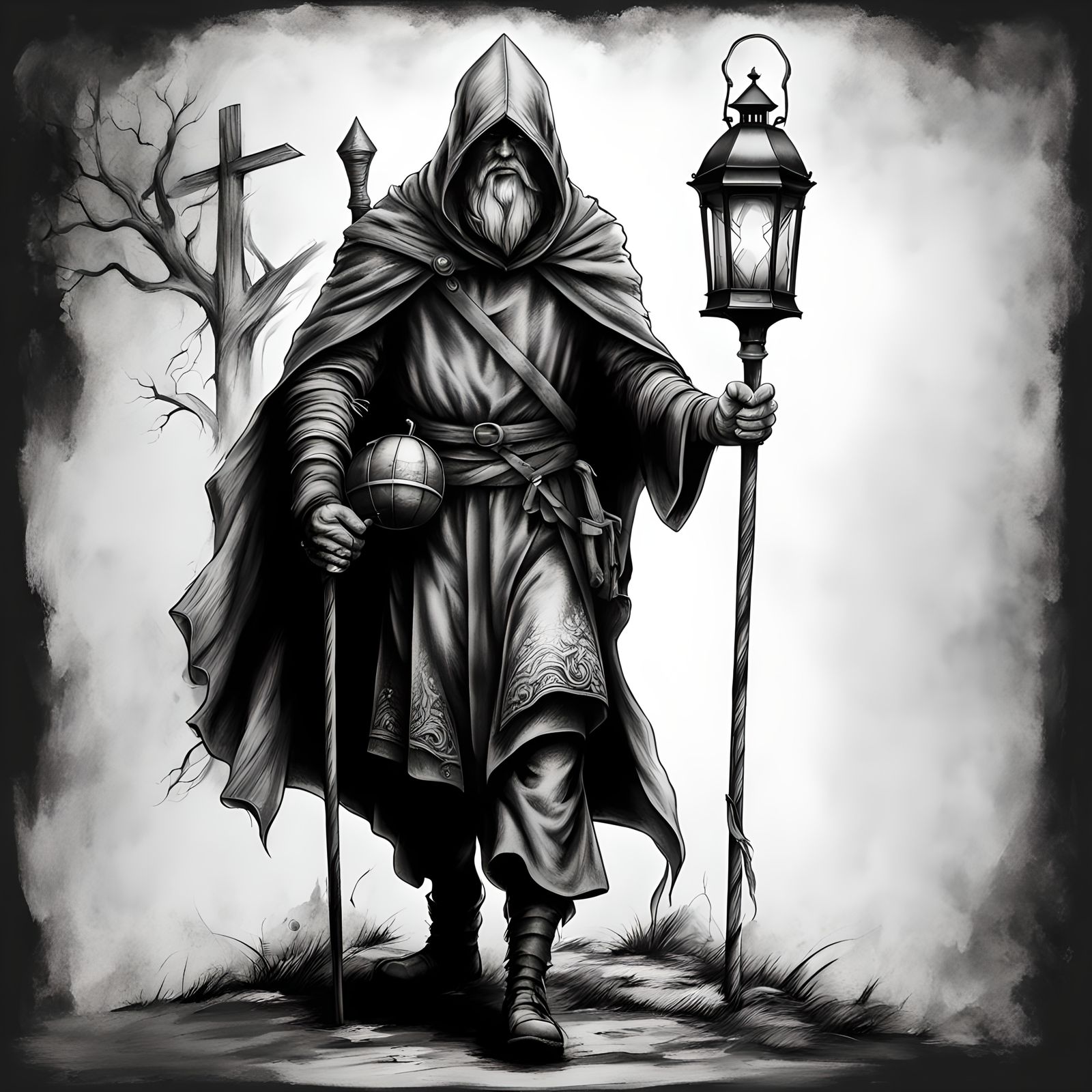 Catholic Pilgrim Warrior: Detailed Charcoal Drawing