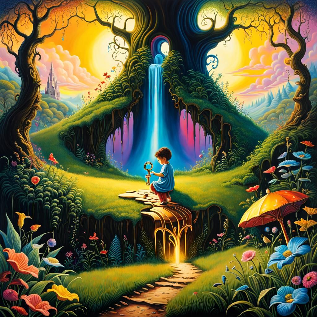 Golden Key at Rainbow's End: Surrealist Oil Painting