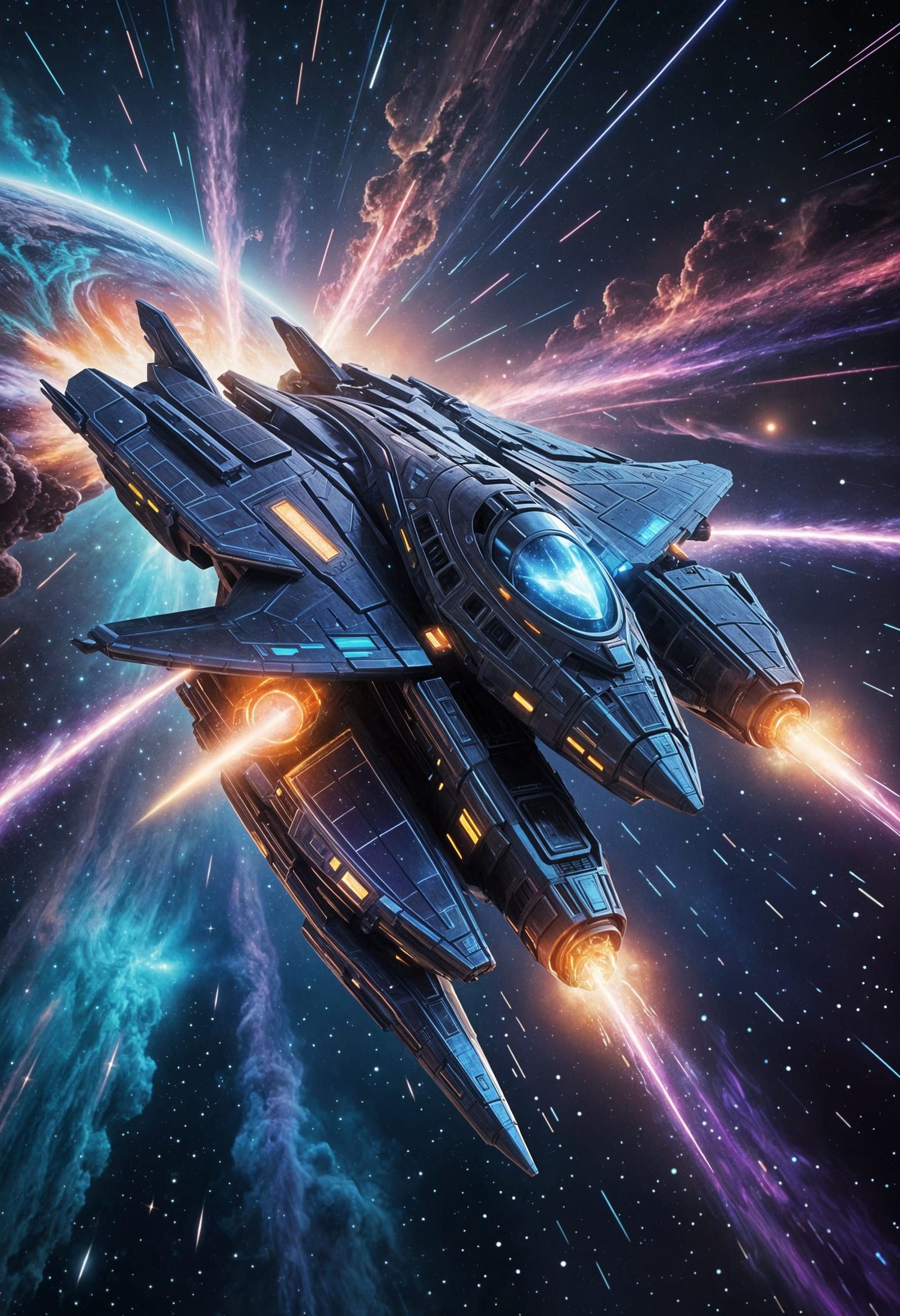 An asymmetrical starship speeds through the galaxy passing a...