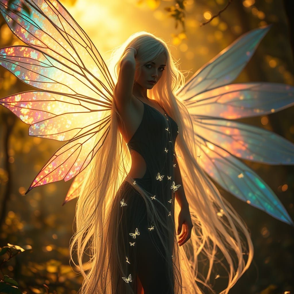 Ethereal Fairy Emerges from Vibrant Holographic Forest
