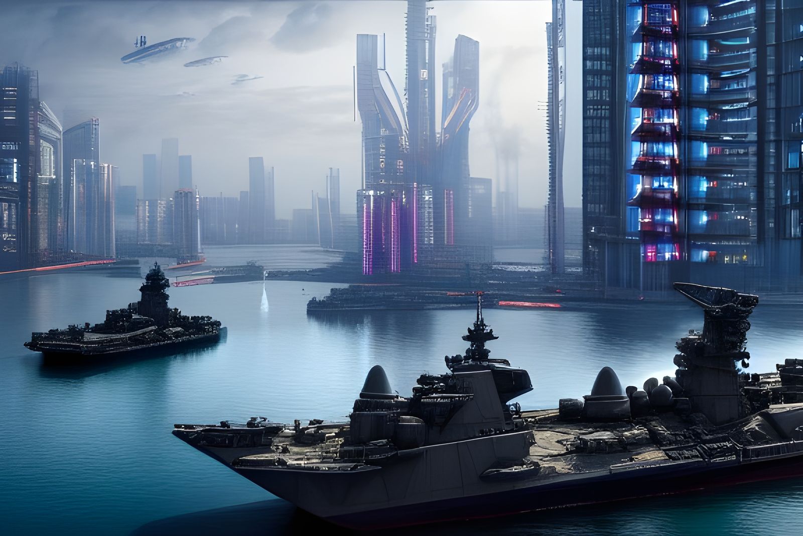 Cyberpunk Battleship Patrolling Urban Bay in 8K
