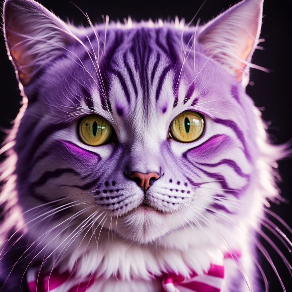 Purple cat with magenta pink stripes& whimsical vibes& cute vibes& magical vibes& strange vibes
