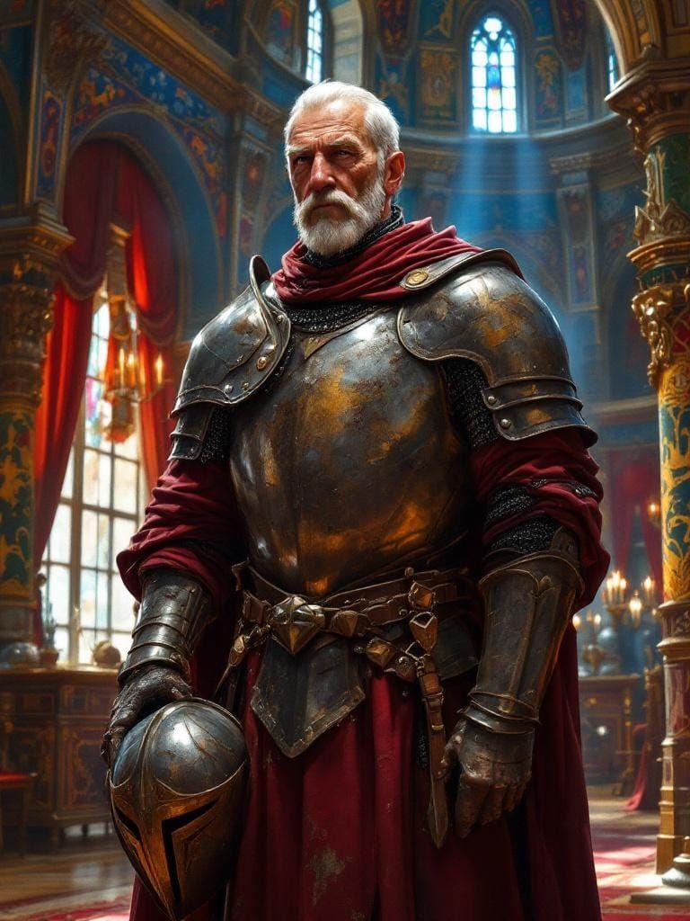 Dignified Knight in Grand Medieval Hall, Hyperrealistic Styl...