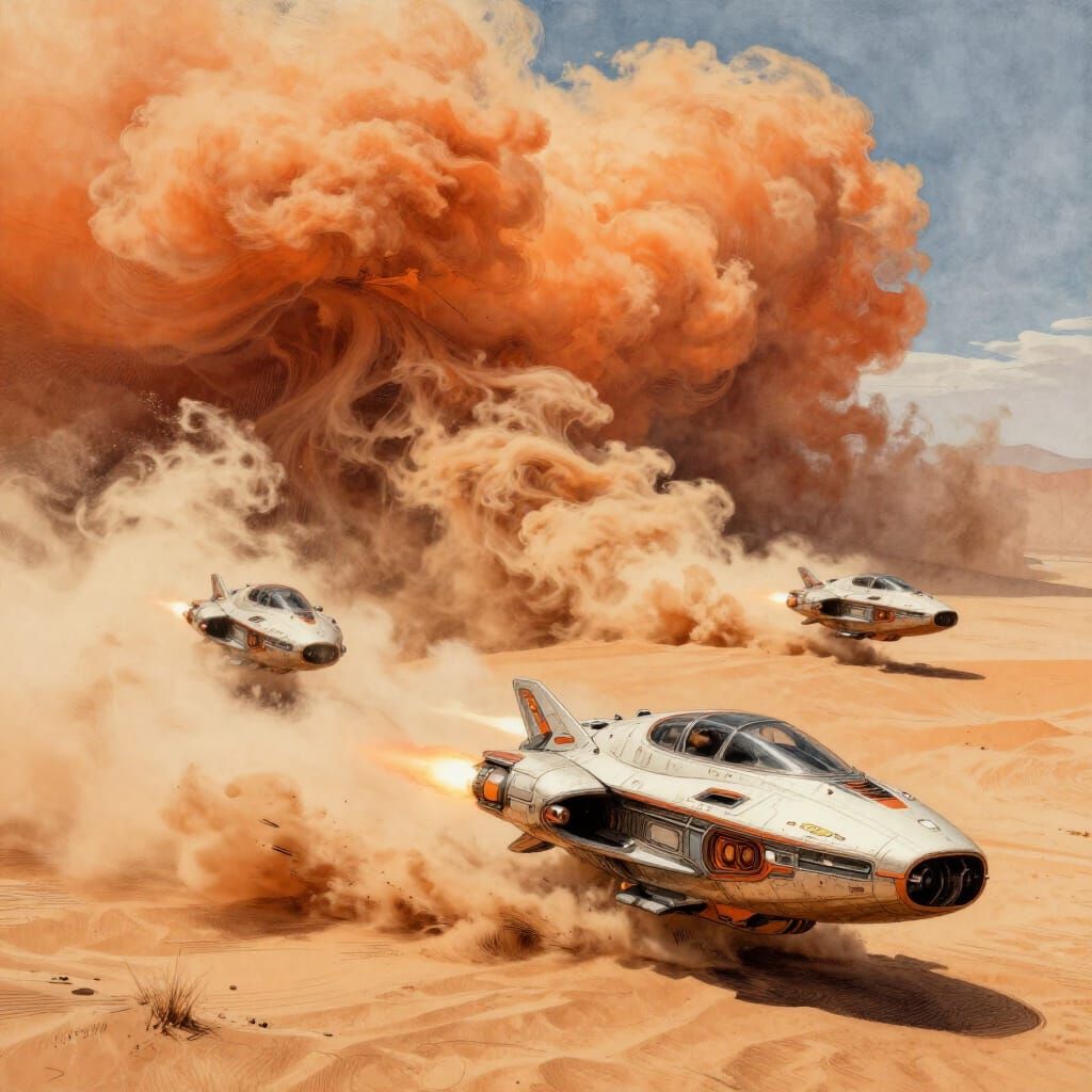 Retro-Futuristic Jet-Scooters Race a Desert Sandstorm