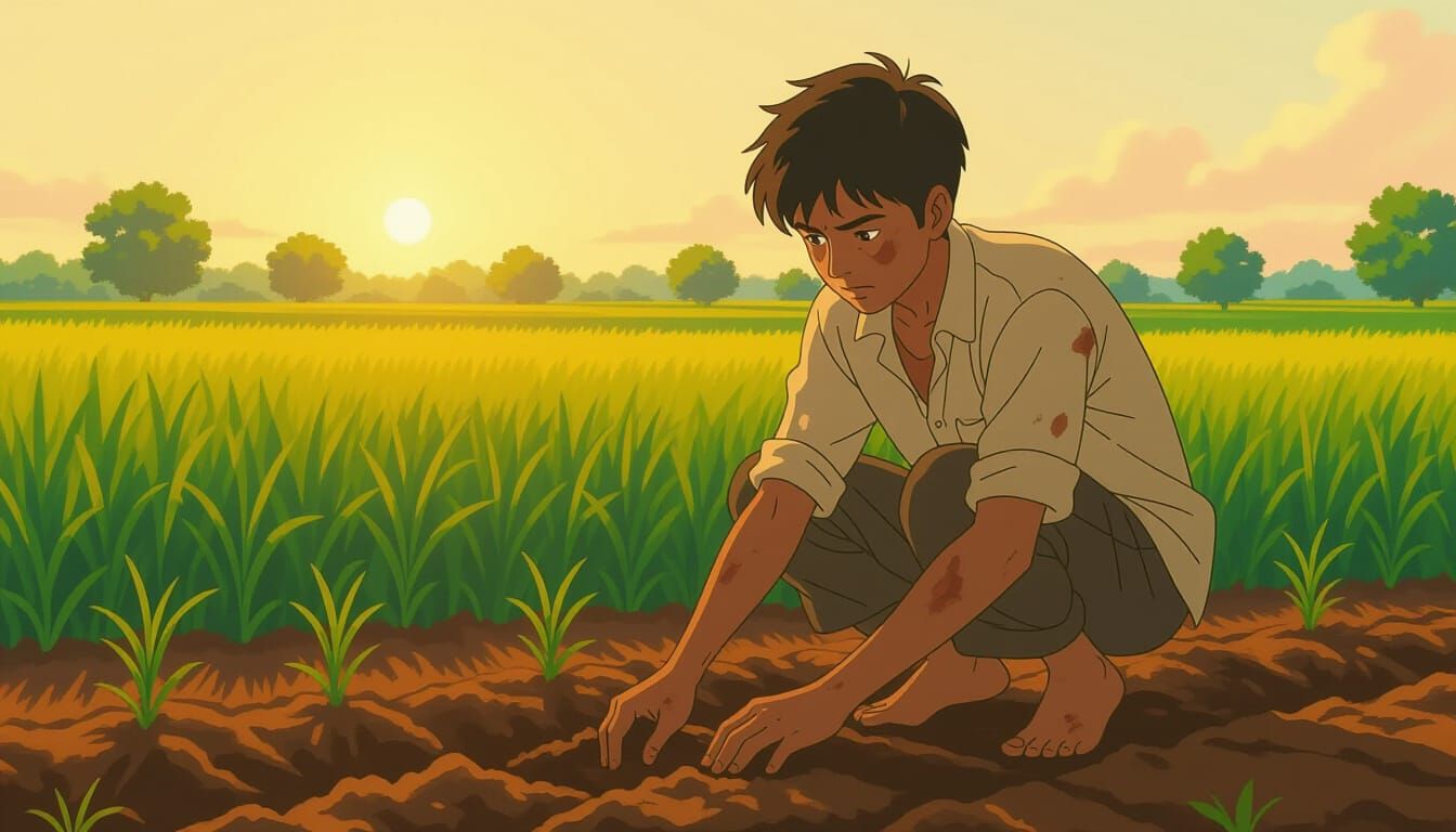 Determined Indian Village Boy Digs Trenches at Sunrise