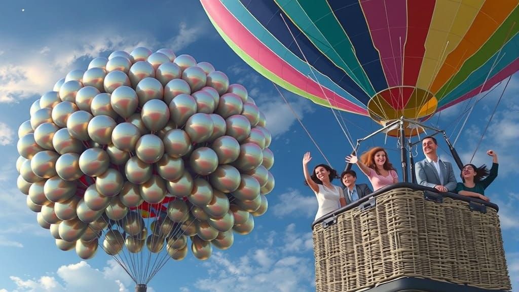 Iridescent Balloons Drift Past a Hot Air Balloon