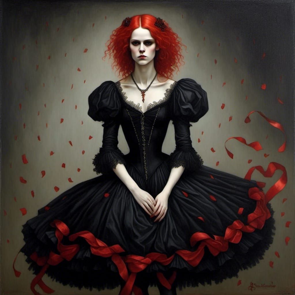 Gothic Ballerina in Red Shoes and Black Tutu