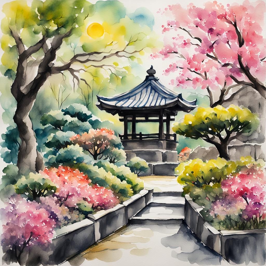 Japanese Botanic Garden in Watercolor and Charcoal