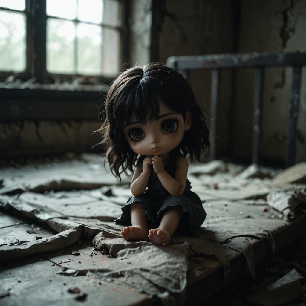 Gloomy Chibi Doll on Abandoned Bed