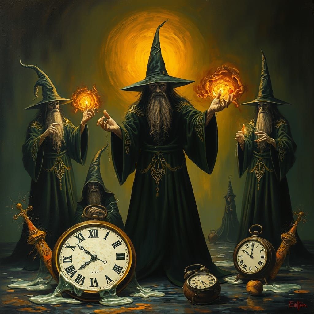 Mysterious Wizards Casting Spells in Surrealist Style