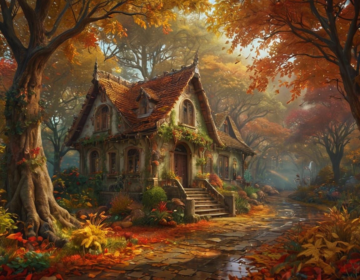 Surreal Autumn Oasis in a Whimsical Digital Garden