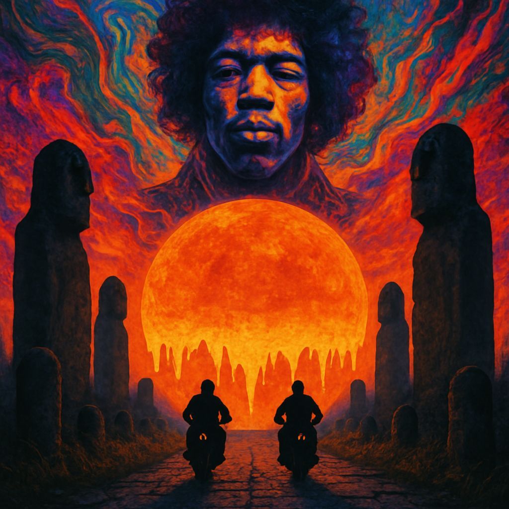 Motorcyclists Ride Towards a Molten Sun in Psychedelic Sky