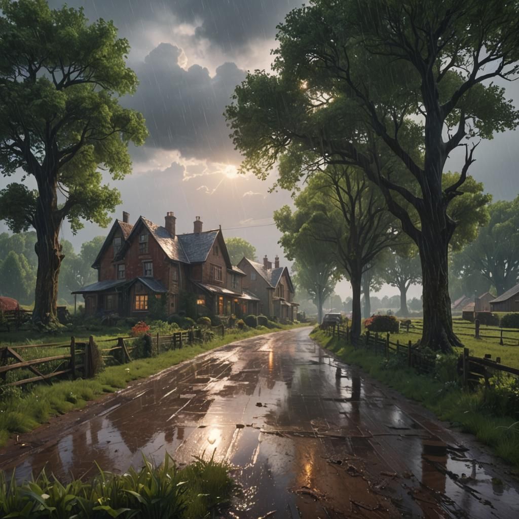 Sunlit Rainy Day in Countryside: Detailed Matte Painting