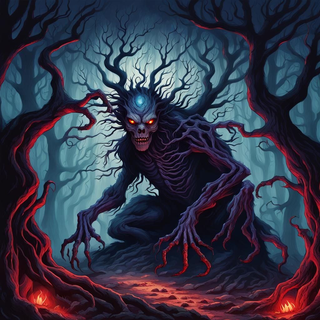 Menacing Creature Lurking in Shadows as Dark Fantasy Illustr...