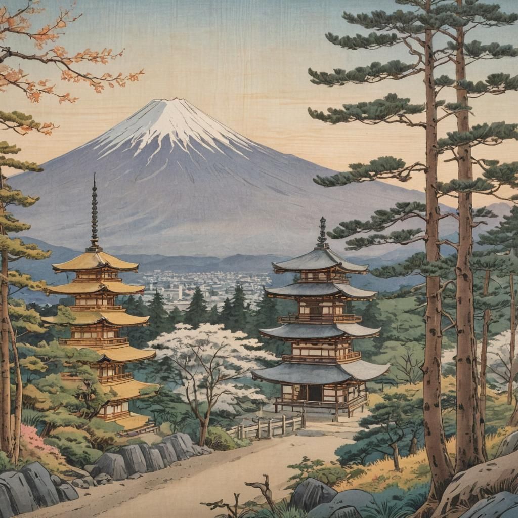 Mount Fuji Landscape in Ukiyo-e Style