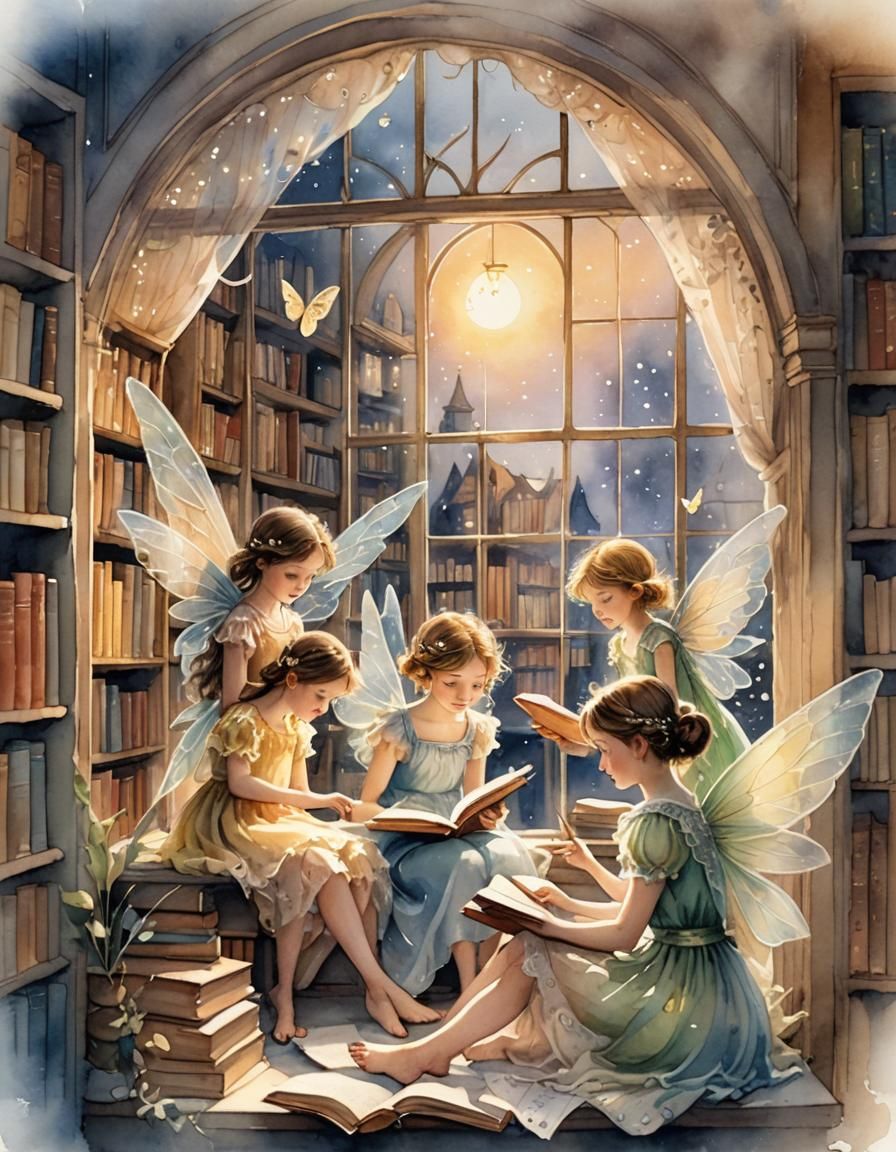 Fairies Reading in Bookshop Window: Watercolor Illustration