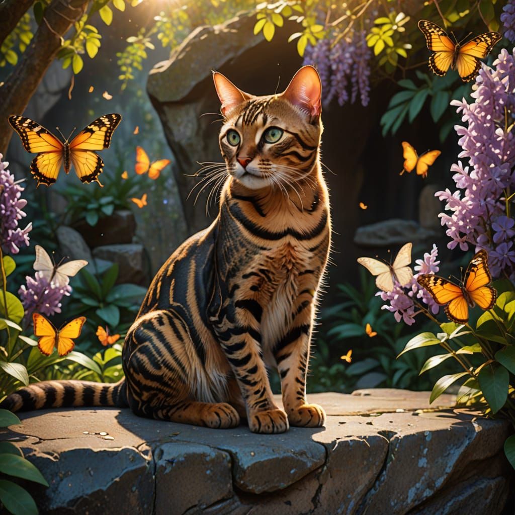 Bengal Cat Watching Butterflies in Golden Light