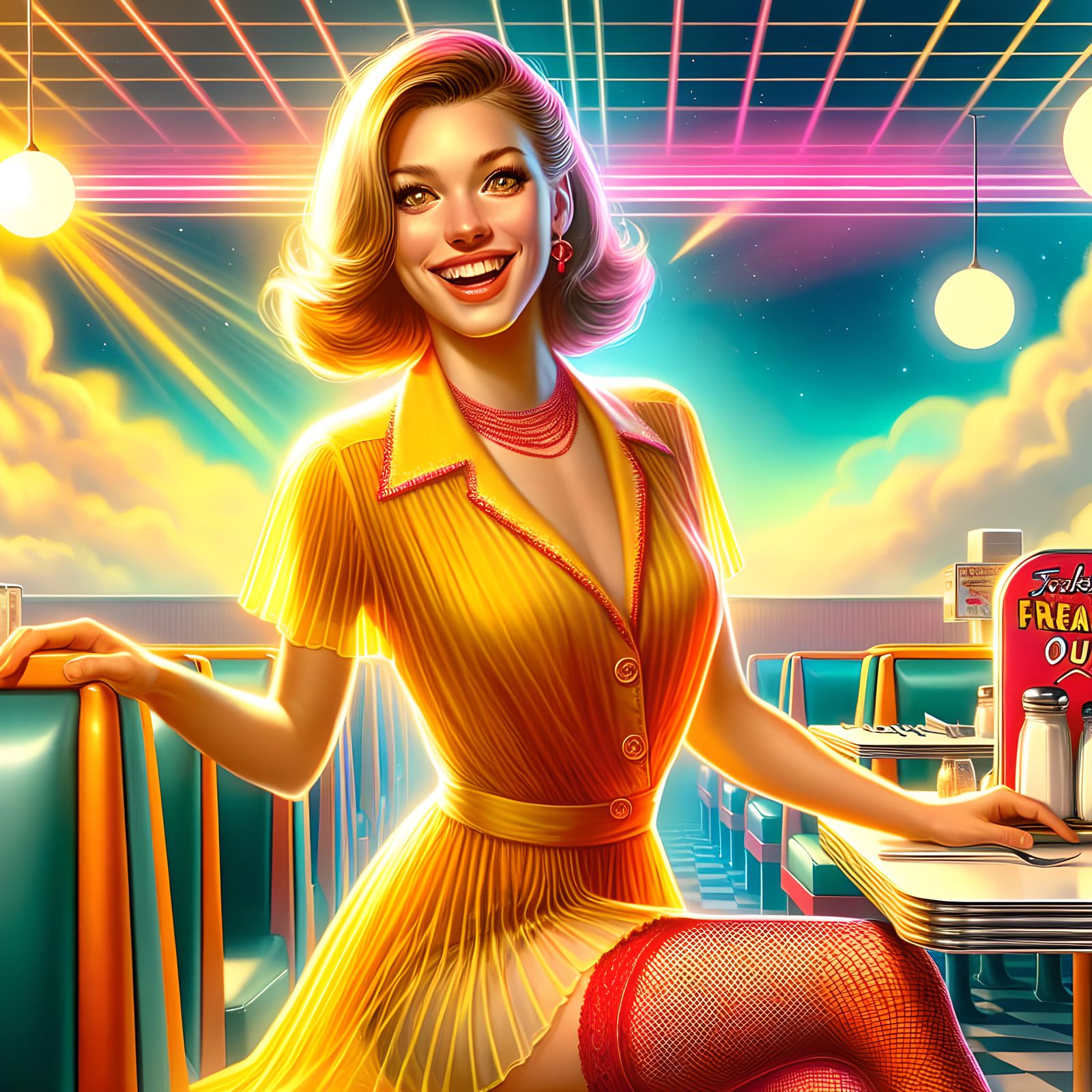 Radiant Waitress in 1968 Diner: Hyperrealistic Concept Art