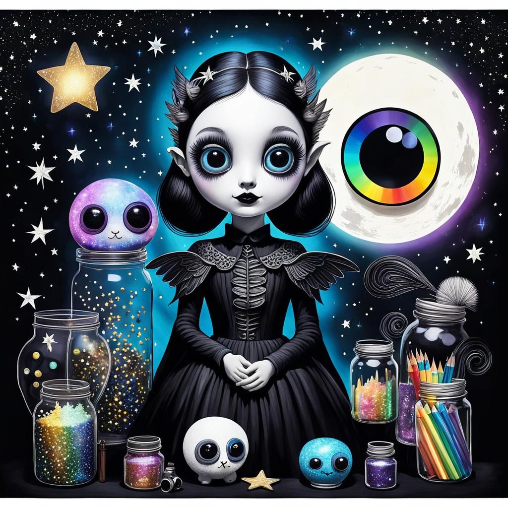 Gothic Fairy with Jars of Dreams, Crayon Drawing