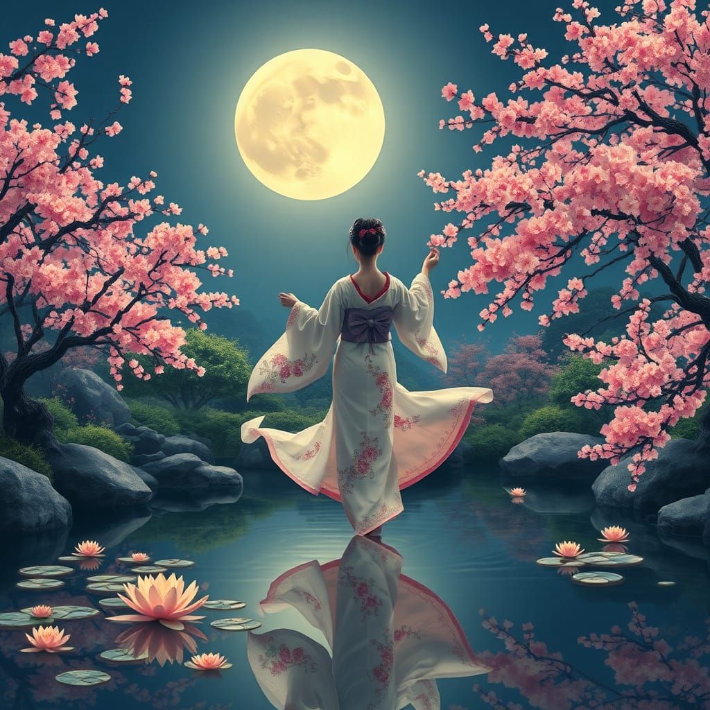 Geisha Dancing Under Flower Moon in Japanese Garden