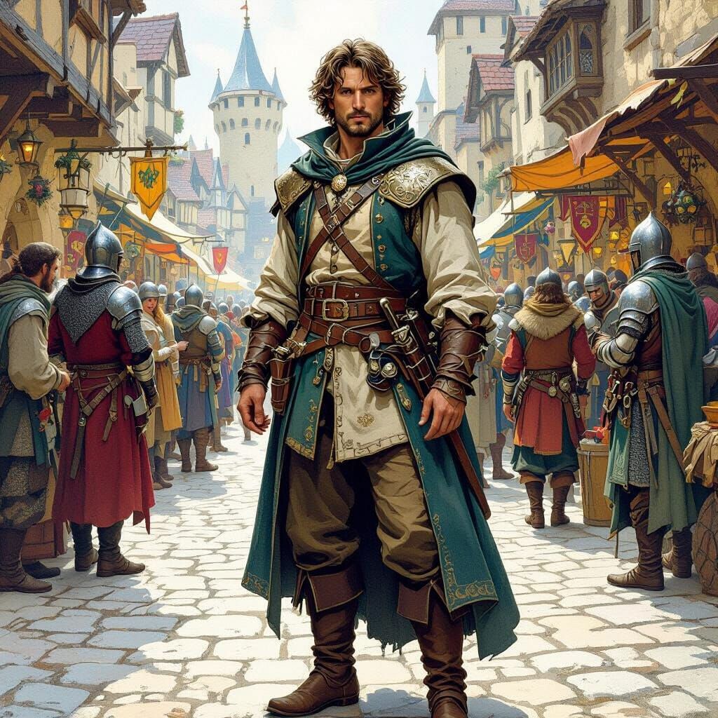 Time Traveler in Camelot Marketplace, Whimsical Fantasy Styl...