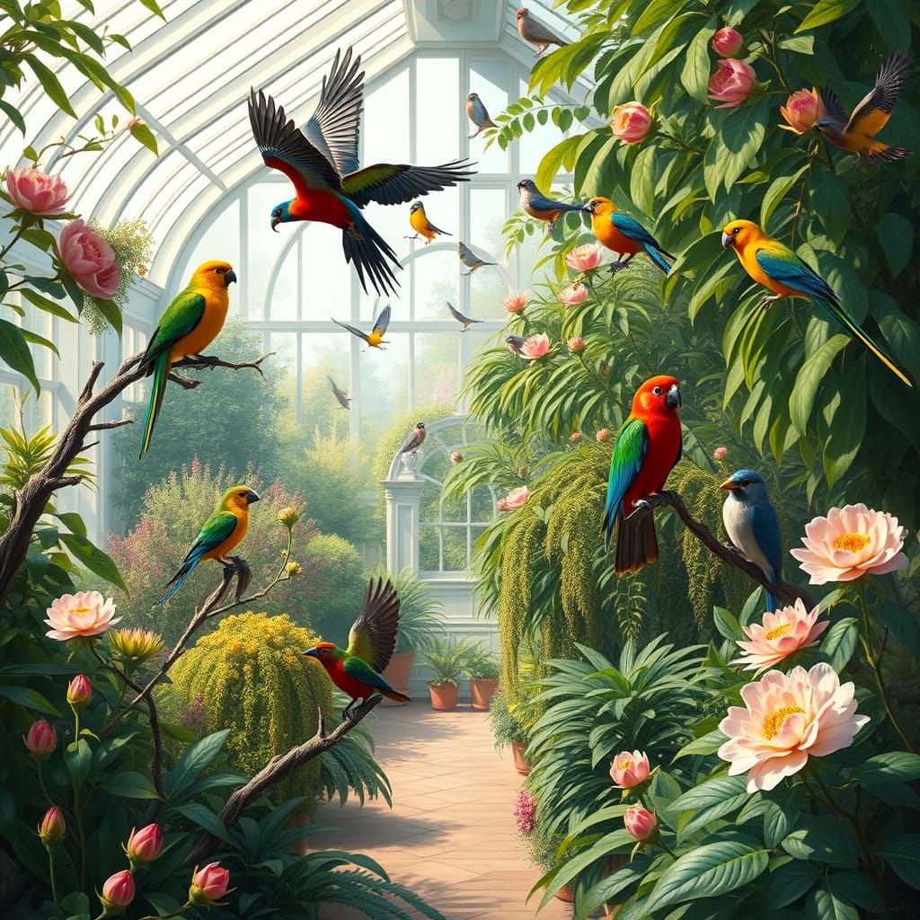 Exotic Birds in Sunlit Botanical Conservatory