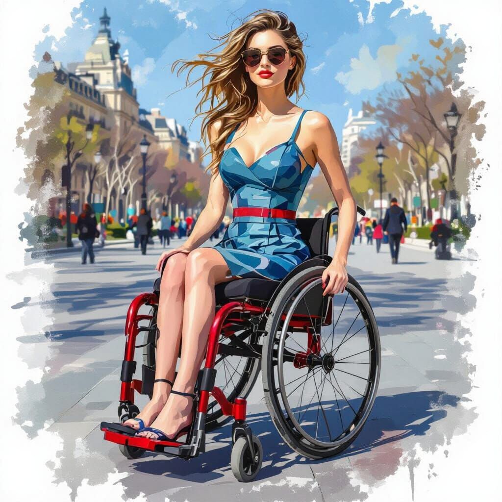 Paraplegic Woman in Crimson Wheelchair in Spring Park
