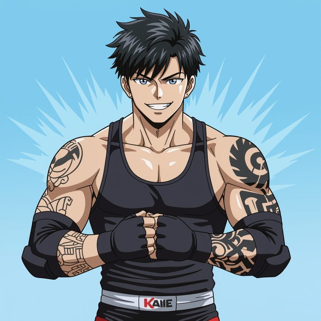 Anime Wrestler with Tattoo Sleeve and Mischievous Smile