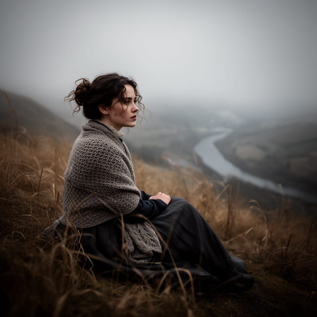 1880s Woman Gazes Thoughtfully on Windy Hillside
