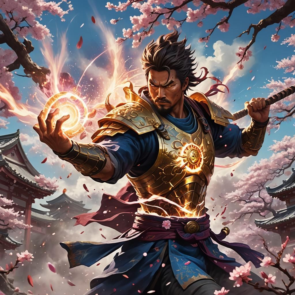 Warrior Unleashes Kamehameha in Fantasy Art Style