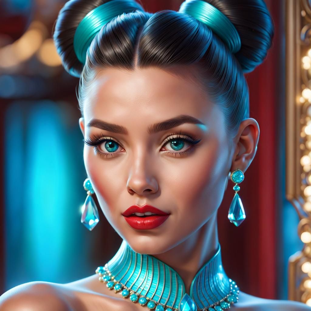 Gorgeous Woman with Cyan Jewels, 3D Rendering