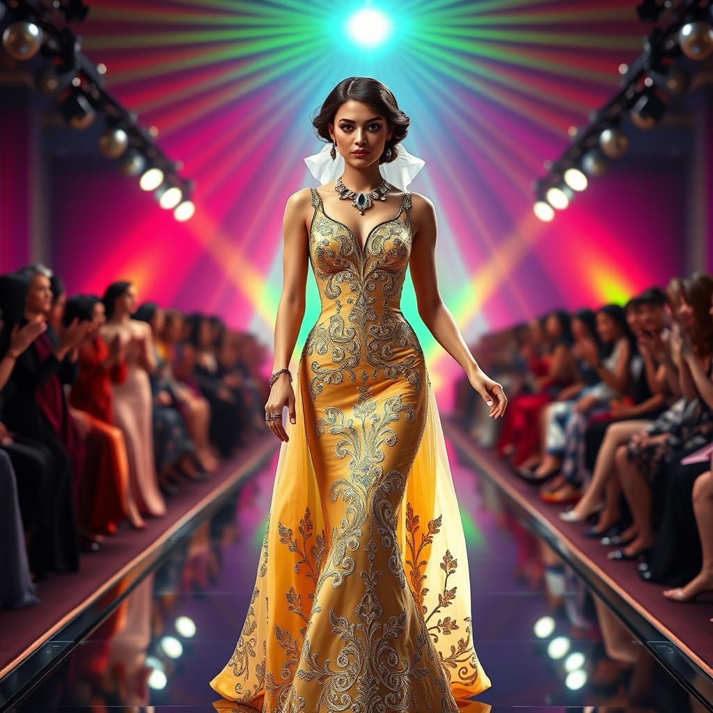 Stunning Princess Model Struts Down Catwalk in Elegant Eveni...
