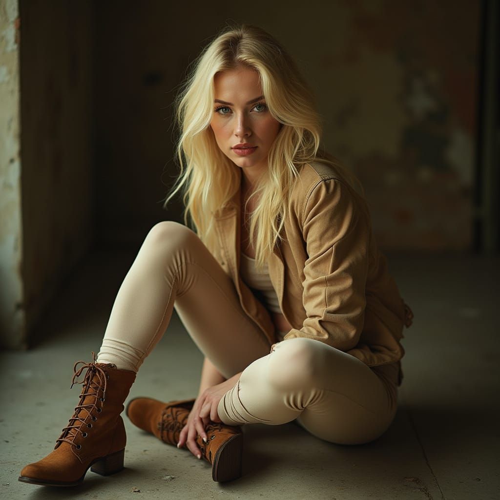 Elegant Fashion Model in Beige and Brown Studio Setting