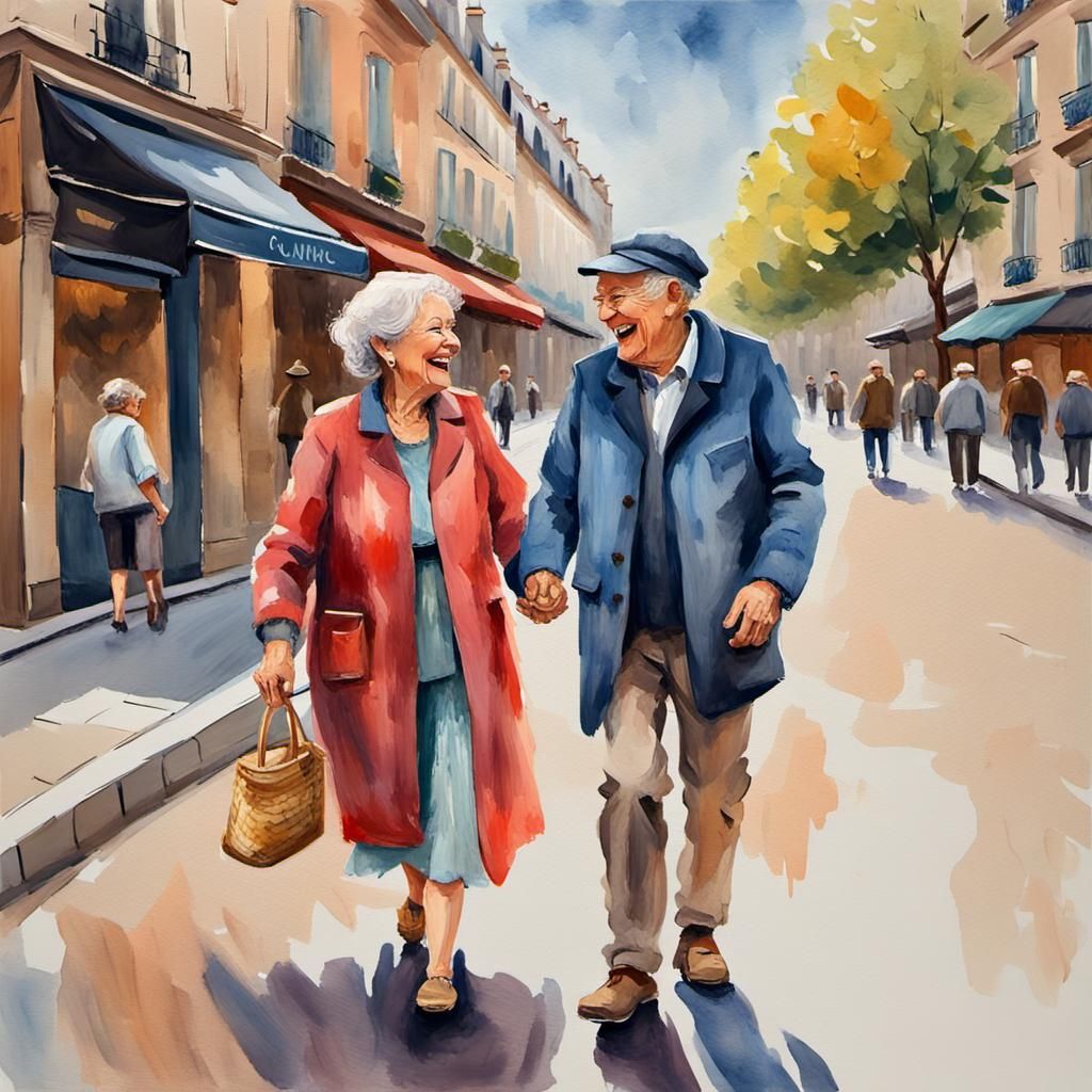 Joyful Parisian Couple in Gouache Impressionist Style