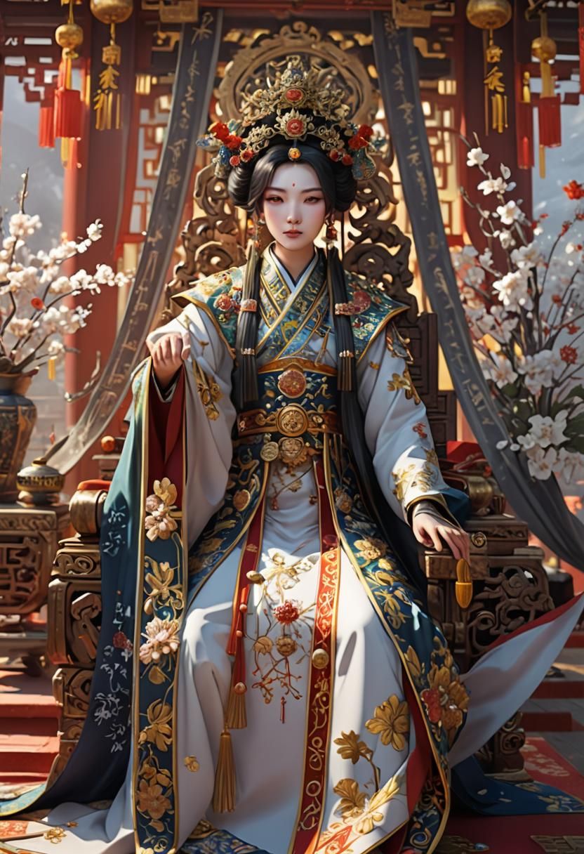 Chinese empress in decorated throne room, By artist "anime",...