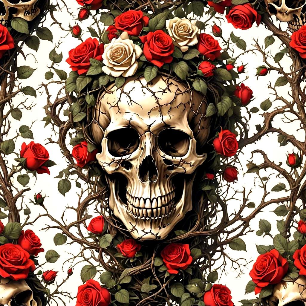 Skull Entwined with Roses: Dramatic Matte Painting