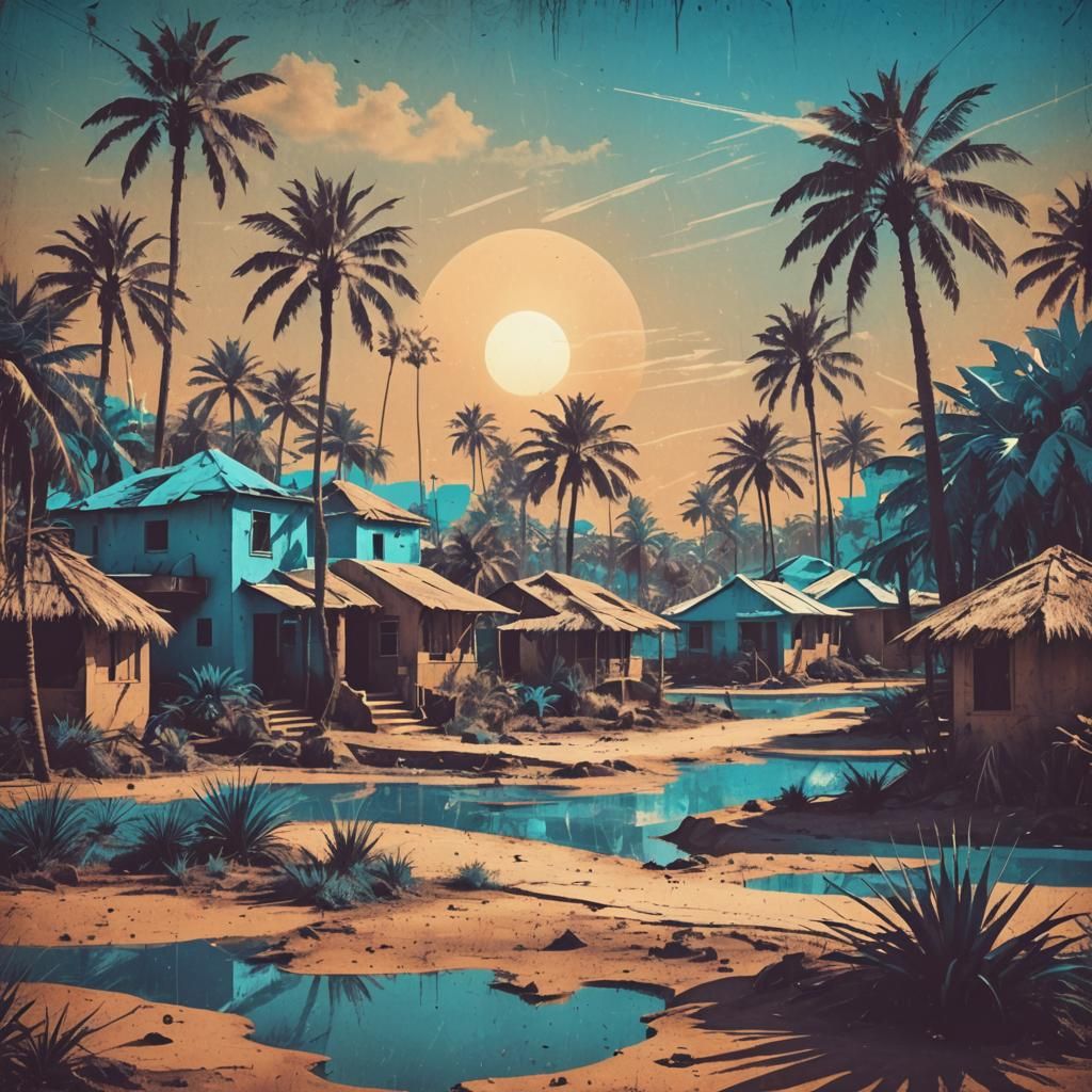 Futuristic African Village Poster in Synthwave Style