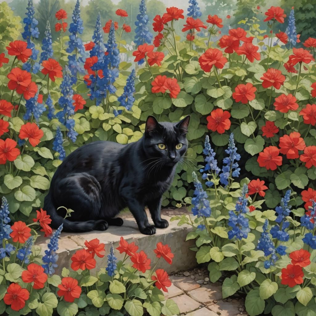 Black Cat in a Colorful Garden with Dormouse