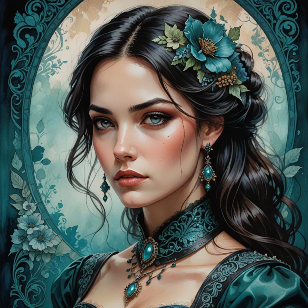 Young Woman in Teal Corset, Romantic Fantasy Portrait