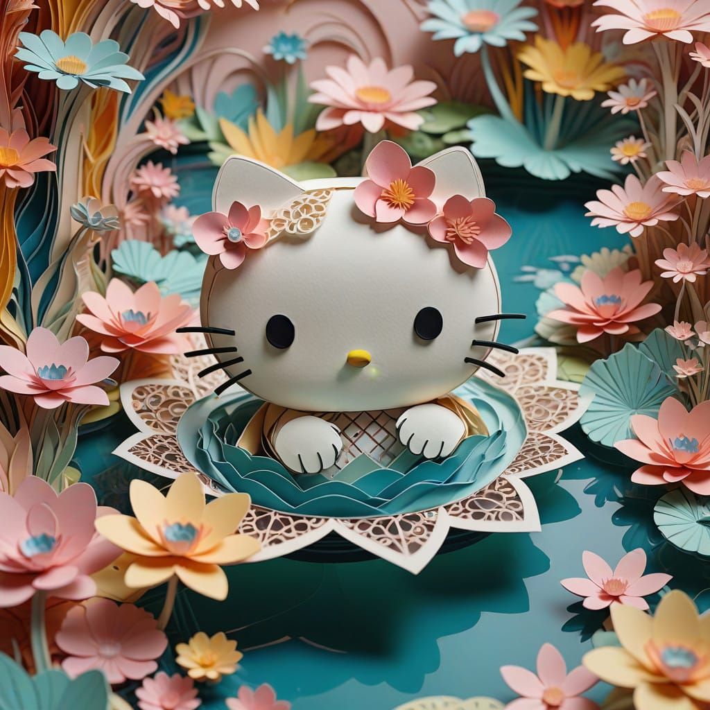 Hello Kitty Glides Through Whimsical Origami Pool