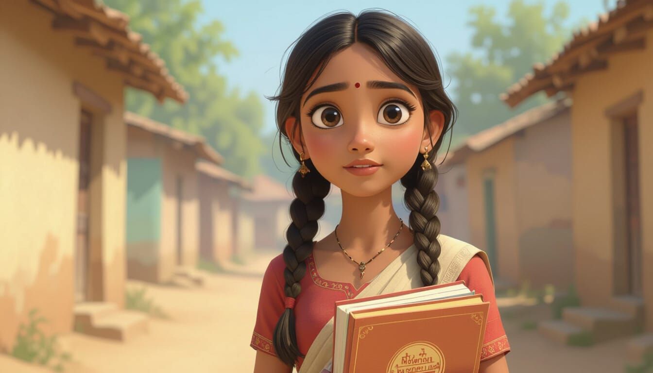 Young Indian Girl with Schoolbooks, Pixar Style