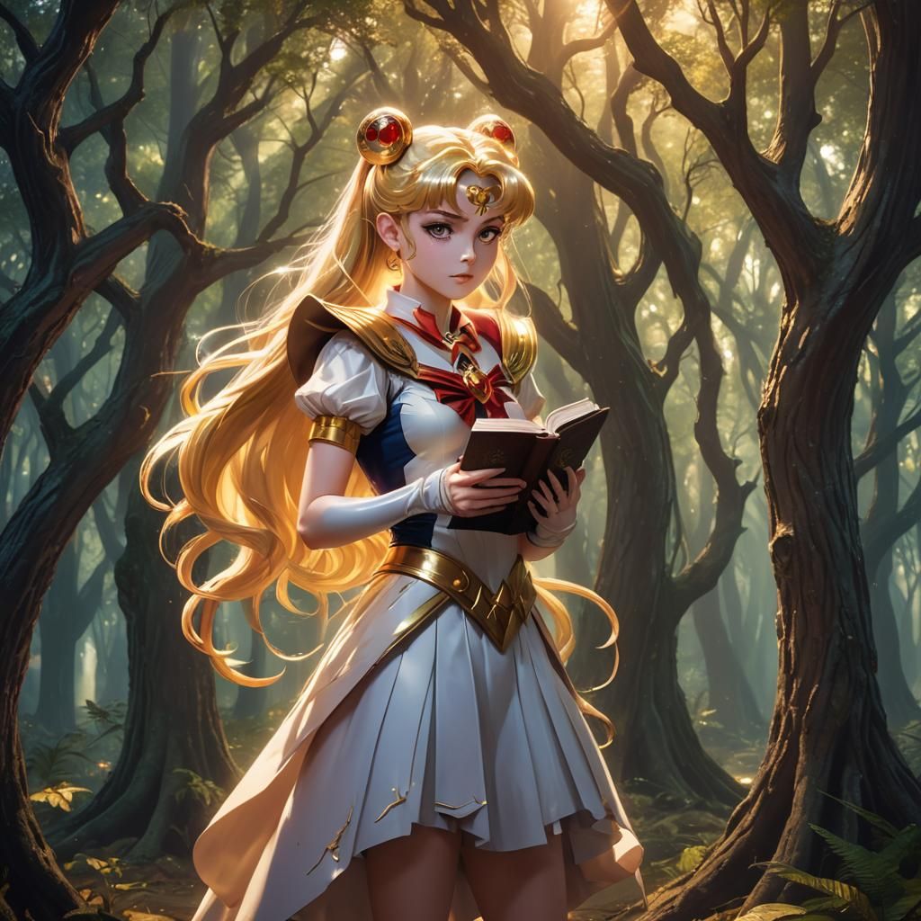 Sailor Moon in Mystical Forest with Spellbook