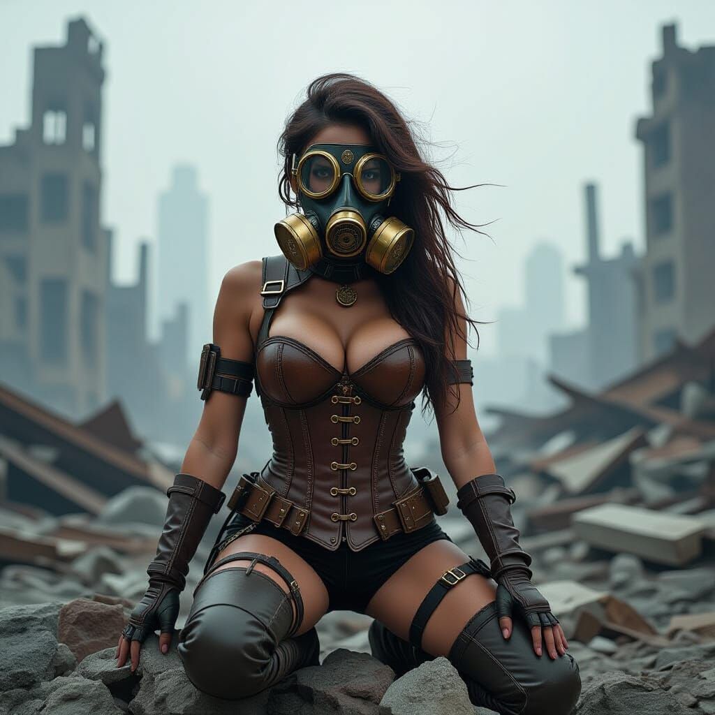 Steampunk Woman in Dystopian City with Gas Mask