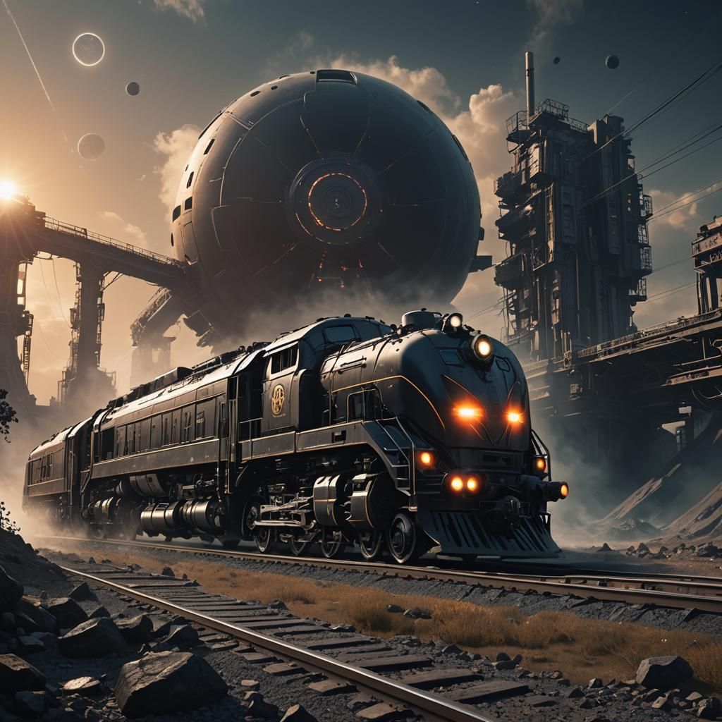 Futuristic Nuclear Locomotive Under Black Sun, Detailed Art