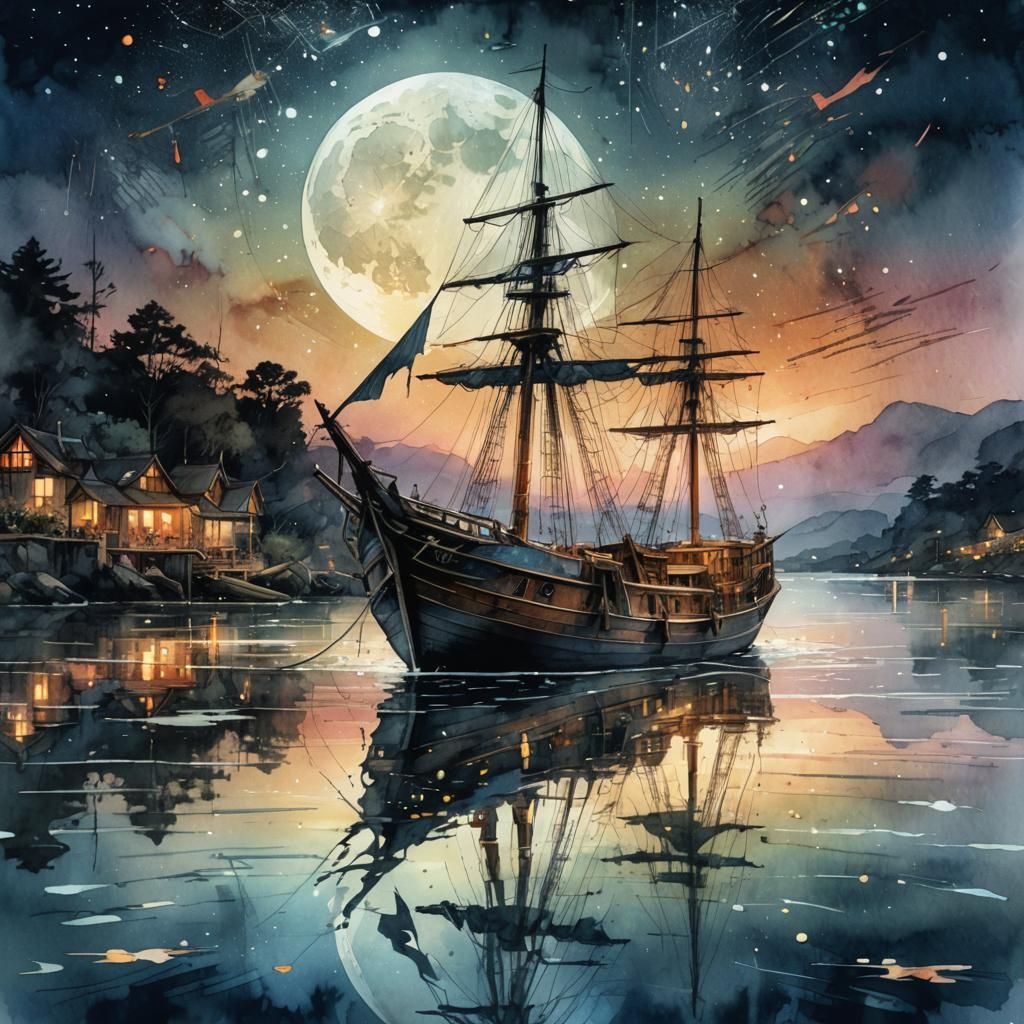 Moonlit Boat: Digital Watercolor Summerscape Sunset