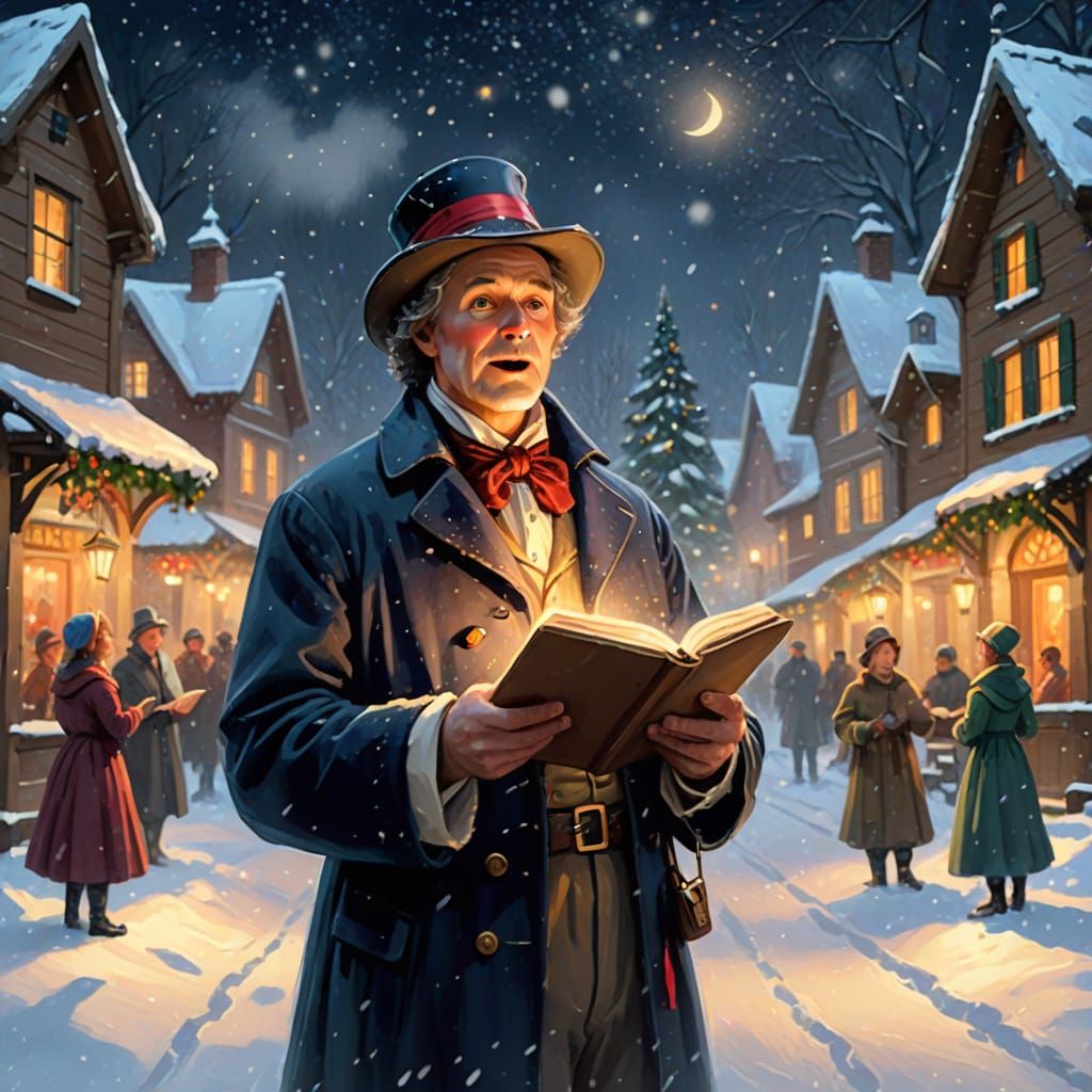 Caroler Sings on Snowy Night in Impressionistic Style